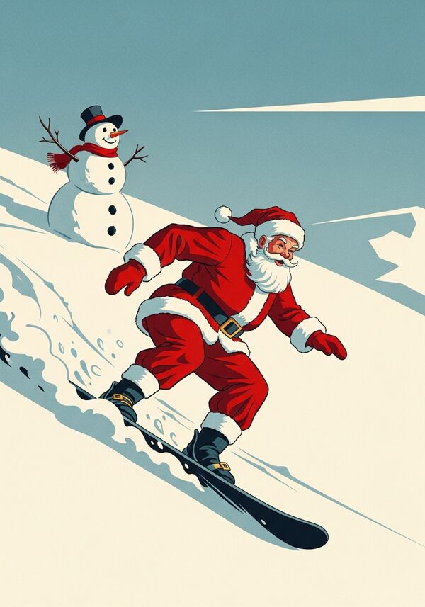 weihnachtsmann auf dem Snowboard. ein schneemann hinten dran