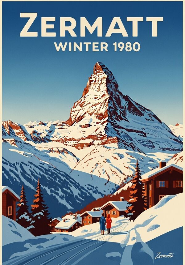 Zermatt um 1980 im Winter mit dem Matterhorn aus Schokolade