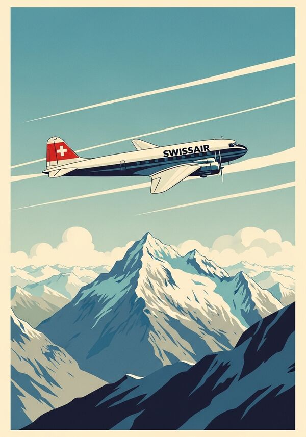 Plakat eines alten Swissair Flugzeugs das über die Alpen fliegt