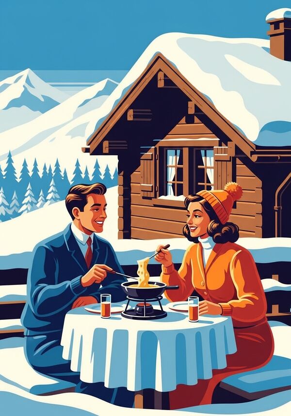 Zwei Freunde sitzen in einem verschneiten Chalet und essen gemeinsam ein Käsefondue.