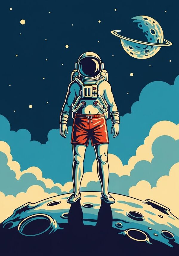 Der Mond im Weltall darauf steht ein astronaut in badehosen