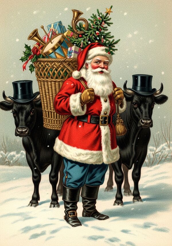 Zwei schwarze Kühe mit Zylindern auf dem Kopf