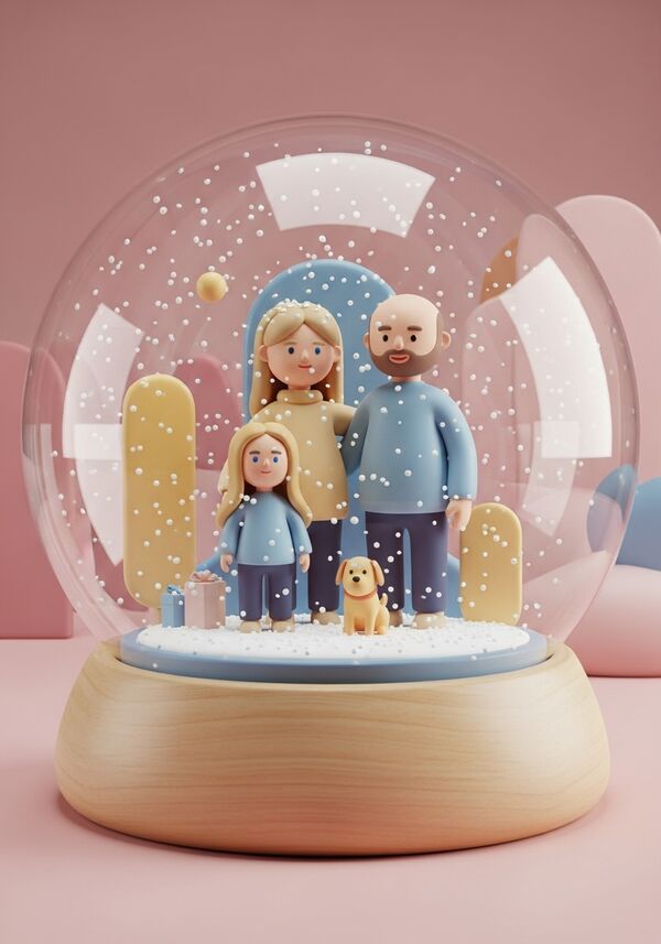 Eine dreiköpfige Familie mit einem kleinen, hellbraunen Hund. Das Kind ist ca. 8 Jahre alt und hat lange, blonde Haare und blaue Augen. Der Mann hat eine Glatze und Dreitage-Bart, die Mutter hat lange hellbraune Haare und braune Augen.