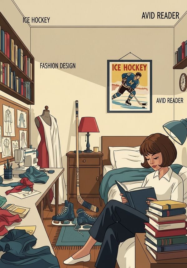 ein Zimmer eines 14 Jährigen Mädchen mit braunem Bob Haarschnitt. sie spielt Eishockey. sie will Modedesignerin werden und sie liest viel.