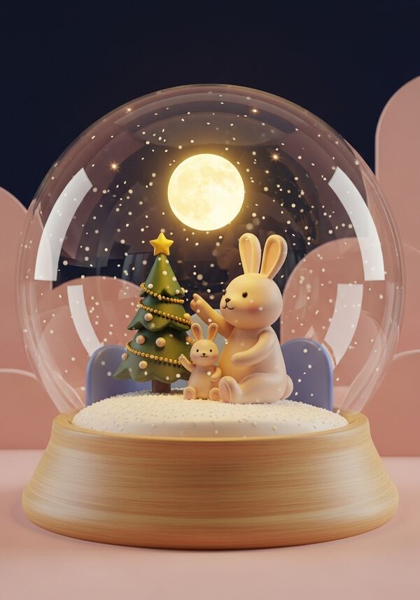 Ein großer Hase und ein kleiner Hase sitzen eng beieinander unter einem geschmückten Weihnachtsbaum, in einer gläsernen Schneekugel. Beide bestehen aus glattem, leicht glänzendem Kunststoff, wie dekorative Figuren. Der große Hase hält den kleinen liebevoll im Arm und zeigt mit seiner Pfote nach oben, als würde er ihm etwas zeigen. Außerhalb der Glaskugel leuchtet der Mond groß und sanft am Himmel, umgeben von funkelnden Sternen. Im Inneren der Kugel herrscht warmes, goldenes Licht, das sich auf der Glasoberfläche spiegelt – eine ruhige, magische und herzerwärmende Winterstimmung.