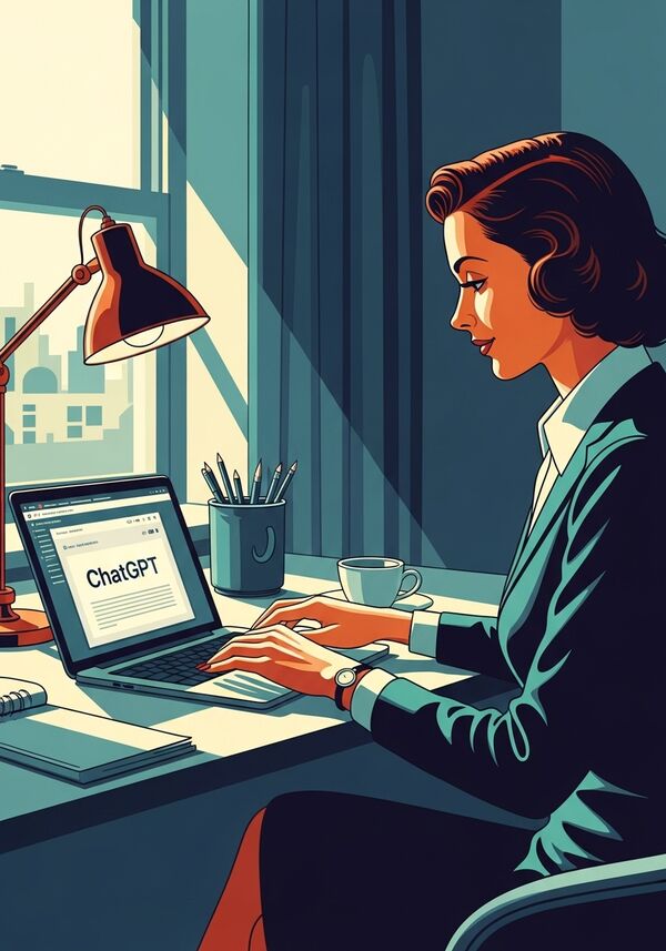 Eine Frau sitzt auf ihrem Stuhl am Bürotisch und gibt an ihrem Laptop einen Prompt bei ChatGPT ein.