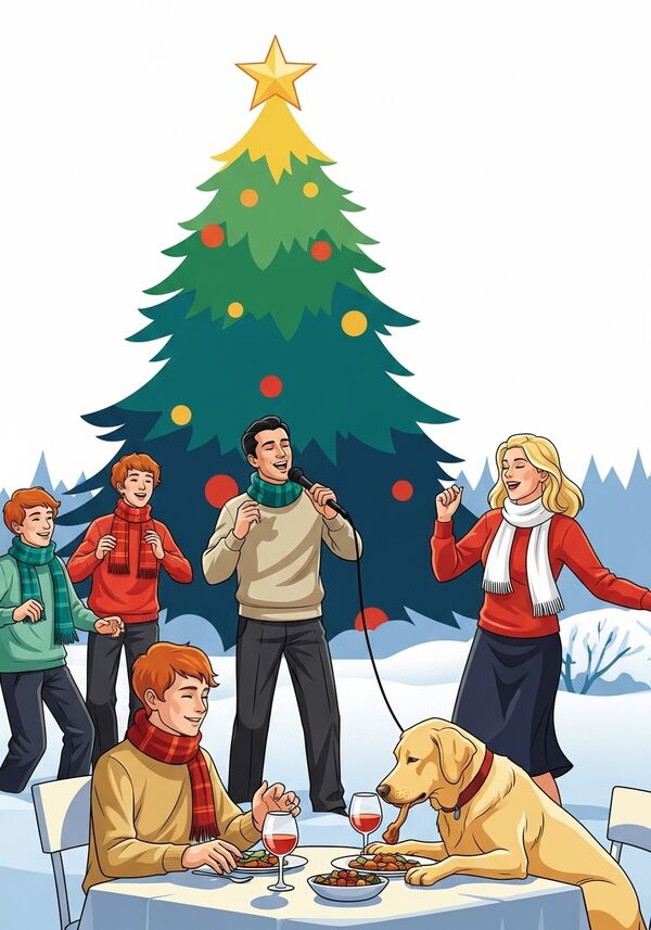 Eine Familie im verschneiten garten und haben spass. drei rothaarige teenager-jungs. der Vater hat dunkle haare und singt karaoke. die Mutter ist blond und tanzt. ein heller labrador frisst das nachtessen auf einem tisch. im hintergrund ein schöner weihnachtsbaum