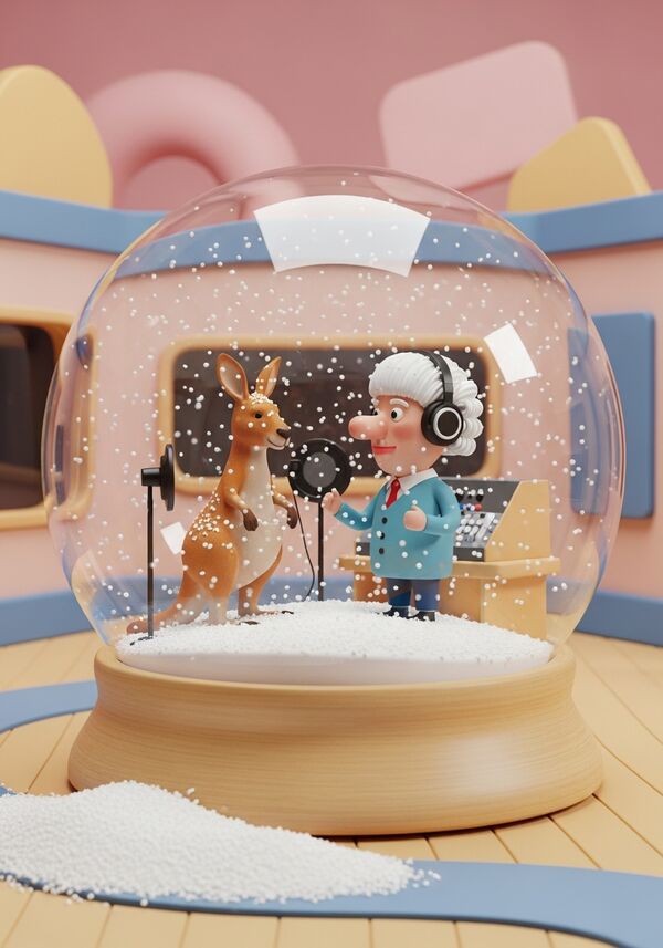 Ein Kanguru und ein Mann mit grosser Nase und weisser Allongeperücke in einem Tonstudio. Beide tragen Kopfhörer.