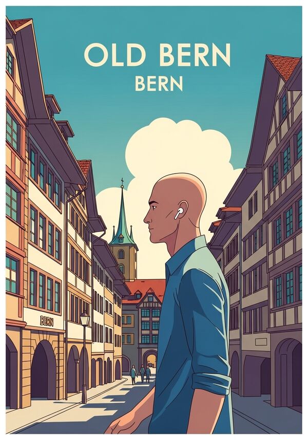 Ein grosser Mann mit einer Glatze und einem blauen Hemd mit Airpods in den Ohren läuft durch die Berner Altstadt
