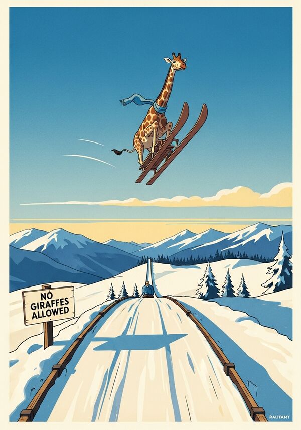 Eine Giraffe mit einem Schal fährt ganz alleine auf einem Schlitten eine Schneeschanze hinunter. Das Foto wird geschossen in dem Moment, wo die Giraffe in der Luft ist. Kameraperspektive von unten. Daneben ist ein Schild: «Keine Giraffen erlaubt».