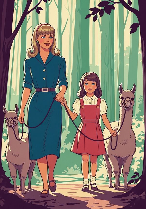 Ein 7jähriges Mädchen mit braunen mittellangen Haaren und blauen Augen spaziert mit ihrem Gotti (blonde lange Haare mit einem Pony) mit Alpakas an der Leine durch den Wald.