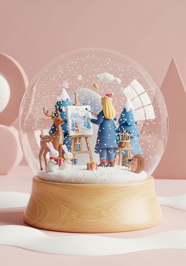 Frau blond Atelier Malen verträumt Winter Schneeflocken Weihnachtlich Tiere wie Reh, Hase, Igel dabei