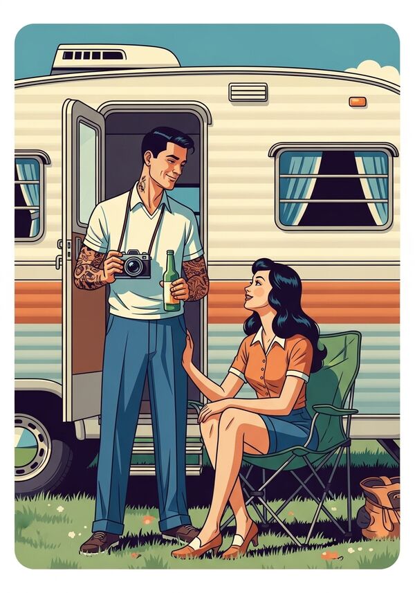 Ein junger Mann (30 Jahre) mit kurzen schwarzen Haaren und Tattoos an den Armen steht vor einem Camper. Er trägt eine Kamera in der linken Hand und und in der rechten Hand hält er ein Bier. In einem Campingstuhl sitzt eine junge Frau mit langen schwarzen Haaren und schaut ihren Mann verliebt an.