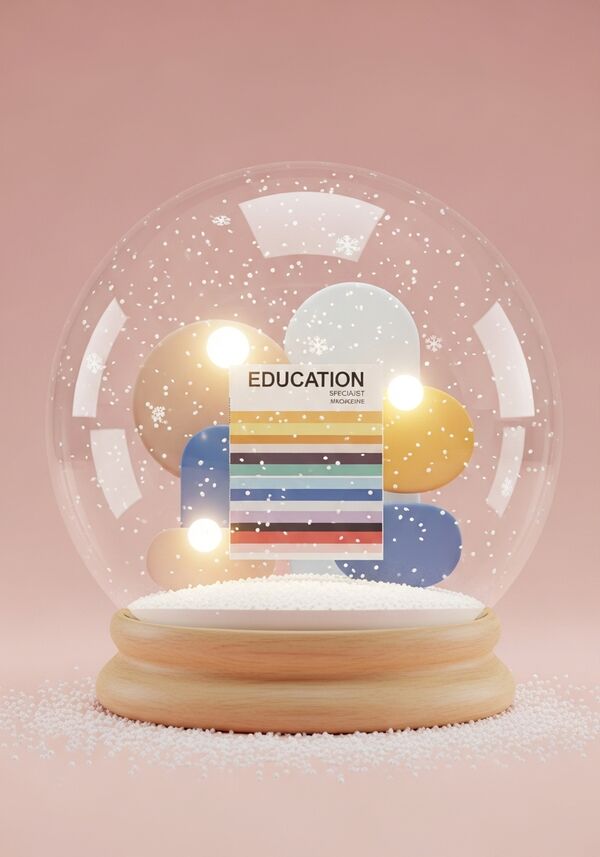 Eine Fachzeitschrift mit der Aufschrift "EDUCATION" und einem breit quer gestreiften Hintergrund aus verschiedenen Farben. Die Fachzeitschrift wird von weissen Schneesternen umgeben und leuchtet hell 