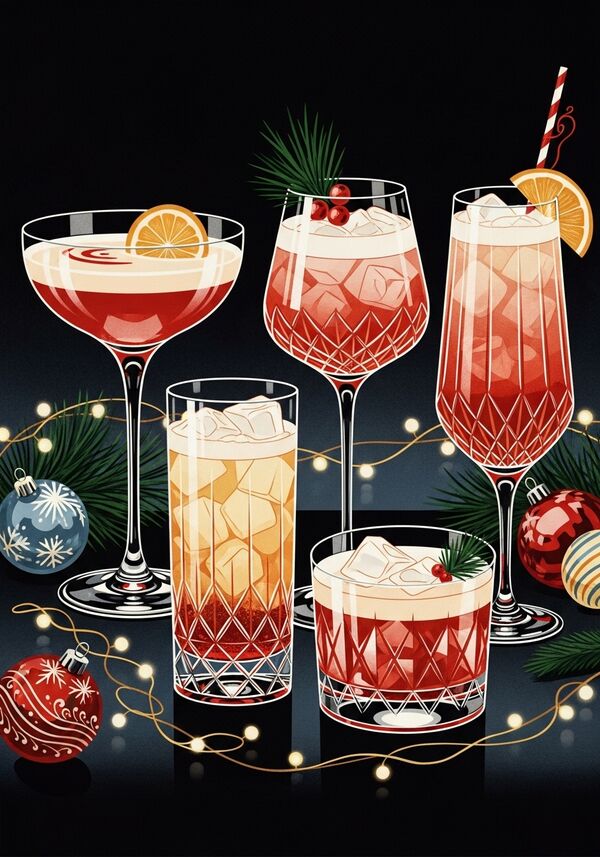 four different drinks in cocktail-glasses, with some X-mas decoration. Text: Merry X-mas