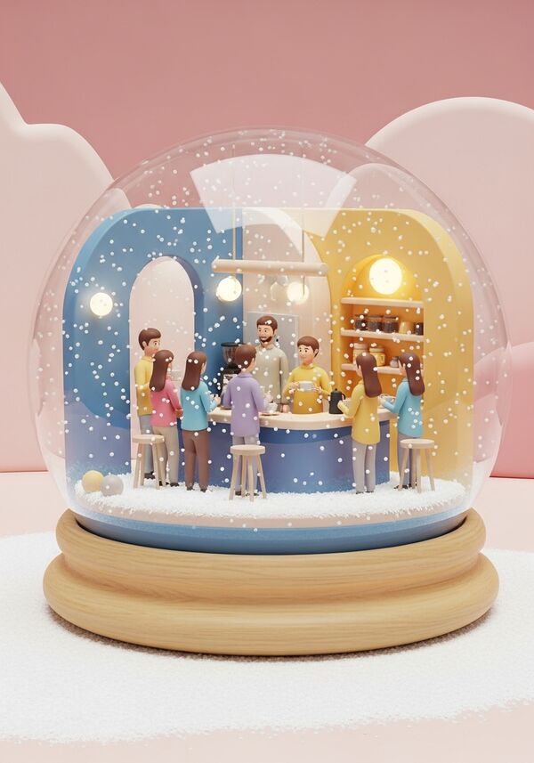 3 Männer mit kurzen braunen Haaren und 6 Frauen mit langen Haaren stehen um eine Kaffetheke herum. 
Alle sind gut gelaunt und trinken Kaffe & Tee. 