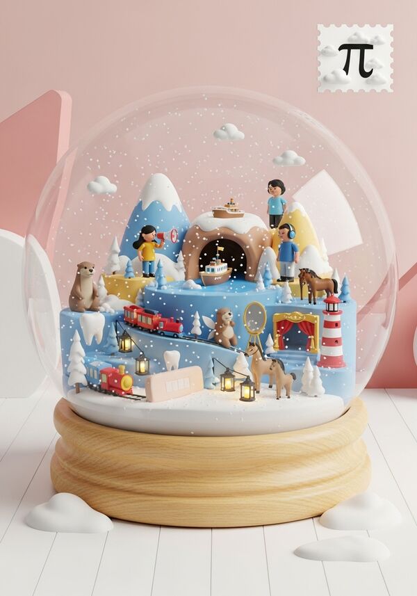 Erstell mit ein Wimmelbild in einer verschneite Winterlandschaft mit folgenden Inhalten. Berg, Höhle, See, Schiff, Otter, Frau mit Megaphone, Mann mit Gehörschutz, Eisenbahn, Zahnfee, Theater, einem Pflaster, einem Spiegel, Pferde, Laternen und einem Leuchtturm. Oben rechts wie eine Briefmarke ein π Zeichen aus Wolken. 