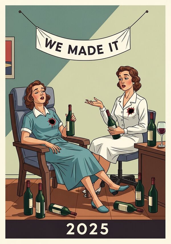 lustige Szene einer Therapiesitzung
Eine Frau liegt entspannt in einem Psychiater Sessel, und hält eine Weinflasche in der Hand. Die andere Frau wirkt ruhig, aufmerksam und professionell, wie eine Psychologin auch mit Weinflasche in der Hand. Beide Frauen haben ein Loch an der Stelle an der das Herz sein sollte.  Mehrere Weinflaschen liegen auf dem Boden verteilt. 
Beide sehen erschöpft und überfordert aus vom 2025.
Ein Banner mit "We made it" hängt an der Decke. 