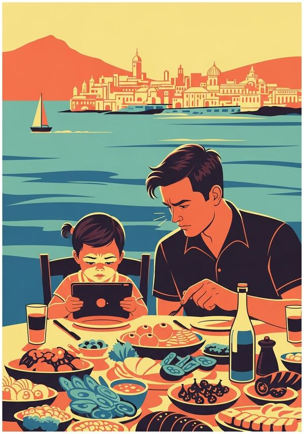 Ein junger Mann sitzt mit einem kleinen Kind an einem Tisch. Der Tisch ist reichgedeckt mit Essen und das Kind schaut nur auf sein iPad. Der Vater ist sichtlich genervt davon.