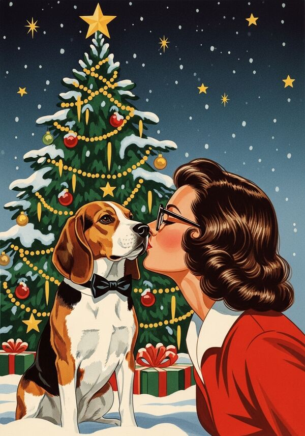 Ein Beagle mit schwarzer Fliege um den Hals. Er sitzt vor einem geschmückten Weihnachtsbaum. Es schneit und die Sterne funkeln. die Hundebesitzerin hat dunkelbraune mittellange gelockte Haare und trägt eine Brille. Sie küsst ihren Hund.