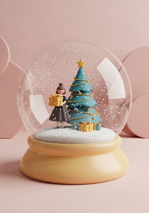 ein mädchen das ein schönes schwarzeskleid trägt mit einem grossen geschenk in der hand und einem weihnachtsbaum schön dekoriert