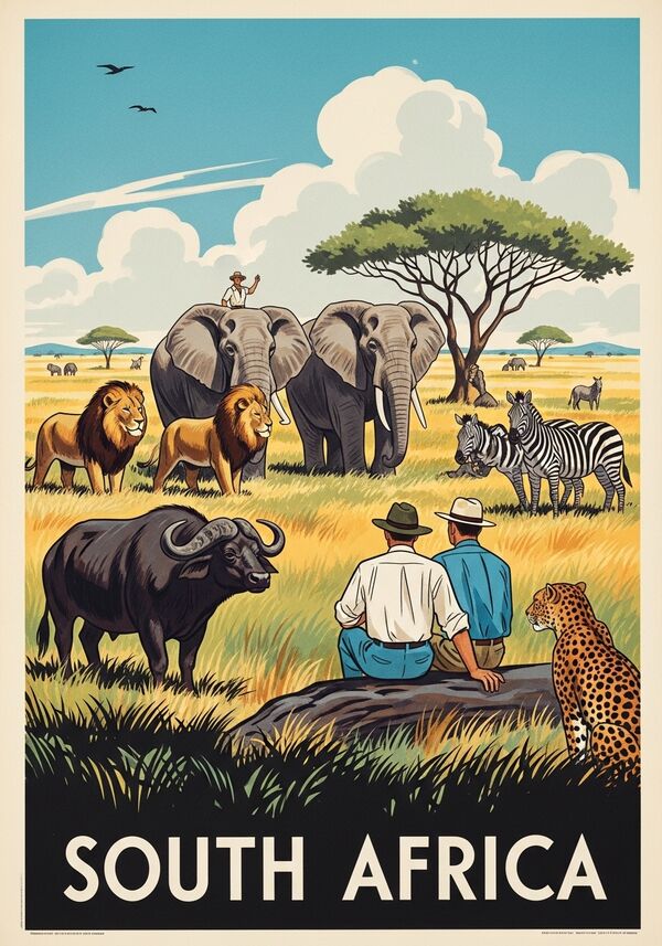 Zwei Männer auf Safari in Südafrika sehen Elefanten, Löwen, Zebras, Büffel und Leoparde, mach es weihnachtlich
