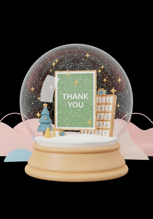 Die Schneekugel steht vor einem schwarzen Hintergrund. Ein riesiges Dankeschön-Plakat in pastel Moosgrün steht vor einem Adventskalender und überall glitzern goldige Sterne sprühen funken weihnachtliche Stimmung aus.