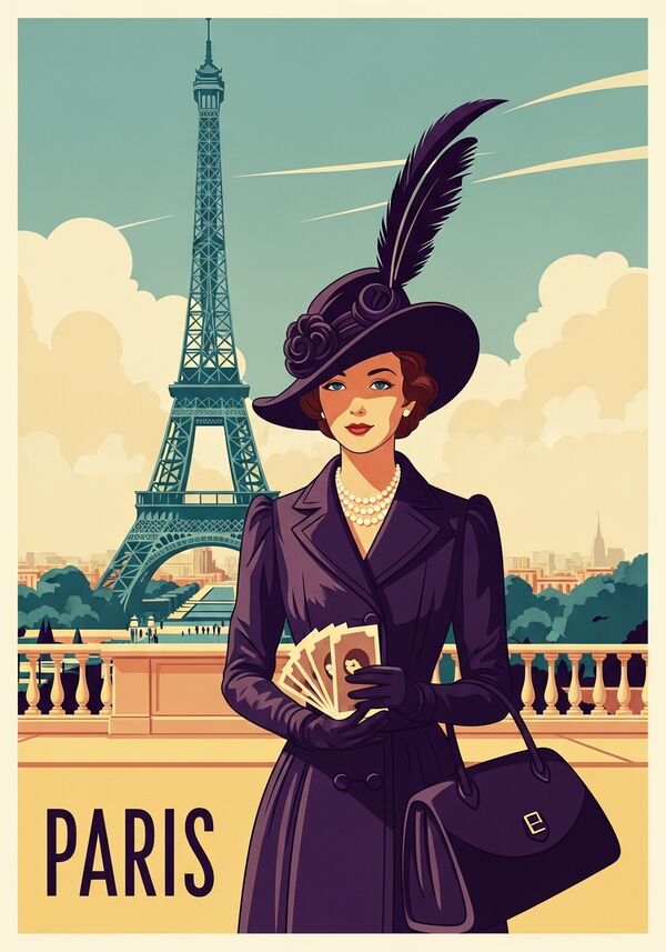 eine old money gekleidetes Mädchen in Paris und im Hintergrund der Eiffelturm
