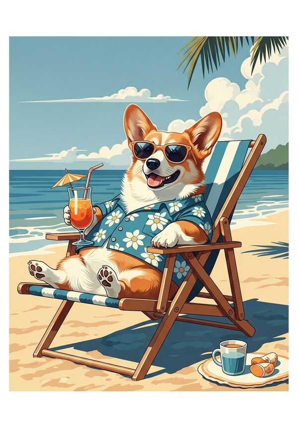 A happy corgi in a hawaiian shirt and sunglasses relaxes on a beach chair with a tropical drink, surrounded by sunny beach vibes