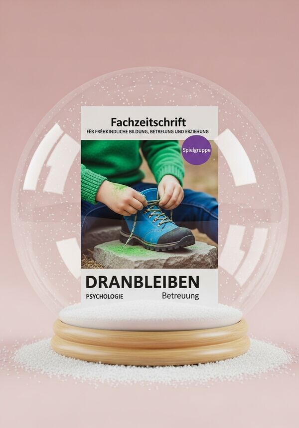 Est ist eine Fachzeitschrift die auf der titelseite im hintergrund nur 2 kinderhände und einen bleuschwarzen wanderschuh die hände binden die bändel an die schuhe man sieht dirkt an den händen noch grüner pullver un im hintergrunf bauch grüner pullover der schuh ist auf einer steinplatte der bei der tilitelseite den unteren teil ganz überdeckt auf der Titelseite steht AUF DEUTSCH GESCHRIEBEN! Fachzeitschrift in volett unten drann kleiner FèR FRèHKINDLICHE BILDUNG, BETREUUNG UND ERZIEHUNG leicht untendrann recht steht spielgruppe im hintergrud wo spiel steht ist violeteter kreis nur dort wo spiel steht DAnn mitte eher unten links steht DRANBLEIBEN gross und dunten drann und durchalten auch alles auf deutsch unten links auf deutsch KONTEXT unten dran Betreuung unten drann PSYCHOLOGIE
