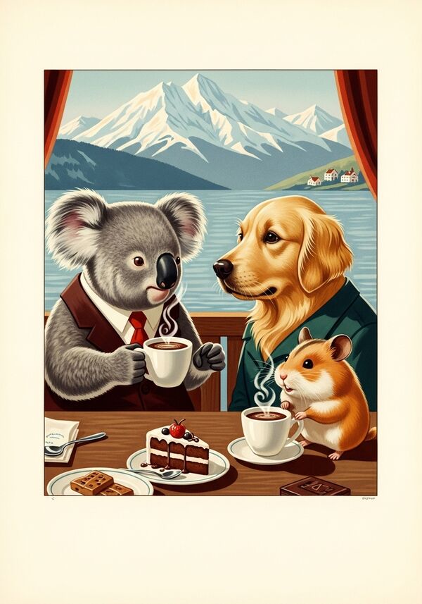 ein Koala, ein golden Retriver und ein Hamster am reden mit kakao und kuchen

