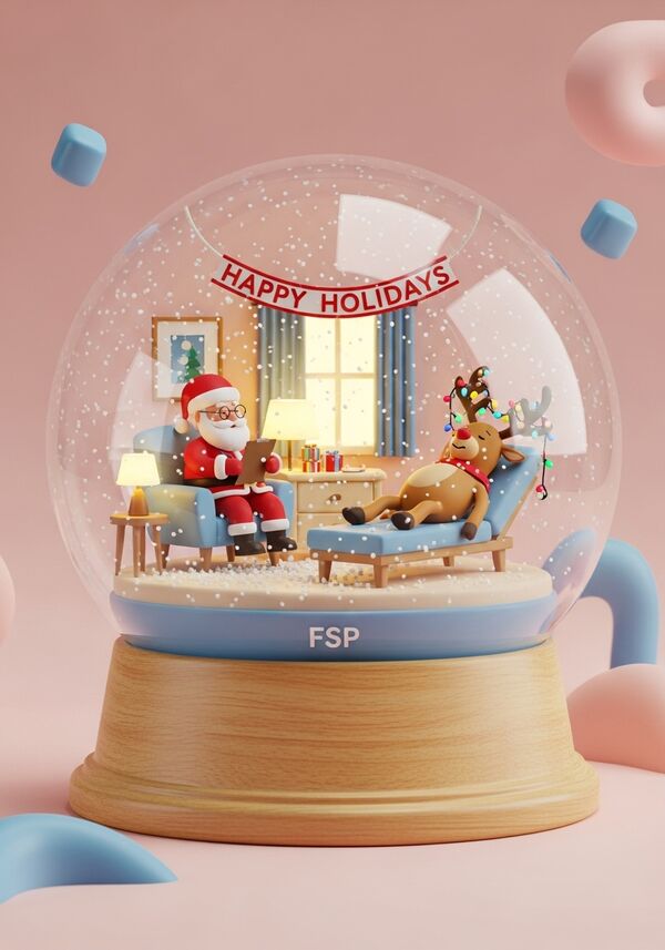 Humorvolle Illustration einer psychotherapeutischen Szene zur Weihnachtszeit. Der Weihnachtsmann sitzt entspannt in einem bequemen Sessel, trägt eine Brille auf der Nase und hält ein Klemmbrett in der Hand. Der Weihnachtsmann wirkt ruhig, aufmerksam und professionell, wie ein Psychologe. Als Patient liegt eines seiner Rentiere auf einer klassischen Psychiatrie- bzw. Therapiecouch. In seinen Hörnern hängt eine leuchtende Weihnachts-Lichterkette. Es sieht erschöpft und überfordert aus von der kommenden Weihnachtszeit. Seine Körperhaltung zeigt deutlichen Stress und Überlastung. Die Szene spielt in einem gemütlichen, warm beleuchteten Therapieraum mit weihnachtlicher Atmosphäre. Über der Szene hängt ein Banner mit der Aufschrift „Happy Holidays“. Unter der Szene ist klar sichtbar der Schriftzug "FSP" platziert. 