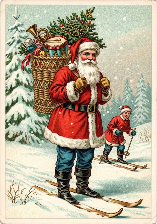 der weihnachtsmann fährr ski. weisse schnee, im hintergrund tannen