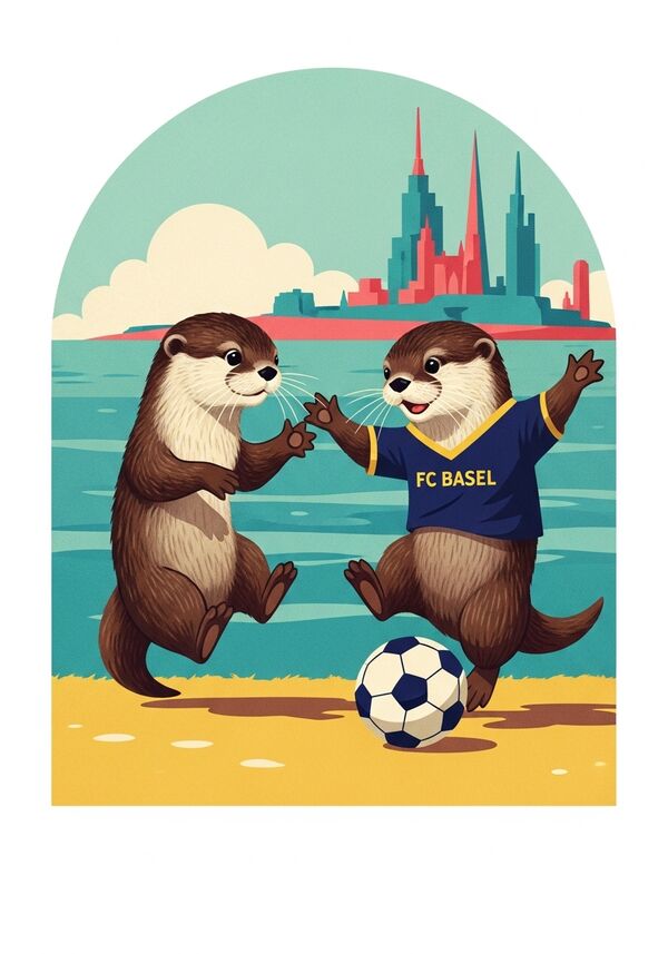 mach ein bild von 2 kleinen süssen otter die zusammen spielen (ein otter hat ein fc basel shirt an)