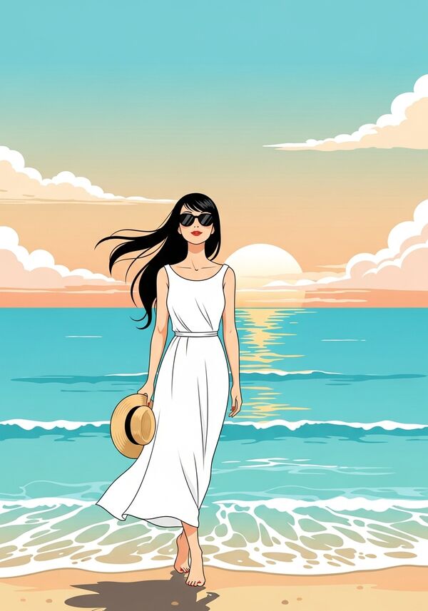 Eine junge schöne und schlanke Frau mit langen schwarzen Haaren (kein Pony) spaziert am Strand von Italien entlang. Das Meer ist türkisblau, einen wunderschönen Sonnenuntergang. Die Frau ist verträumt, aber glücklich. 