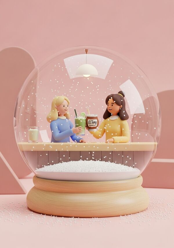 2 glückliche Freundinnen an der bar, sie stossen an:
die blonde freundin trinkt einen ice matcha latte. die brünette freundin trinkt einen El Tony ginger-mate