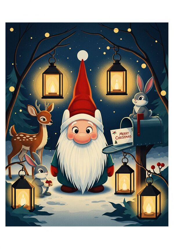 Wichtel im Finn-Stil, herzig, gesicht pixar-stile. laternen leuchten, ein reh und ein hase. kleiner briefkasten mit einem brief der rausschaut. merry christmas drauf.