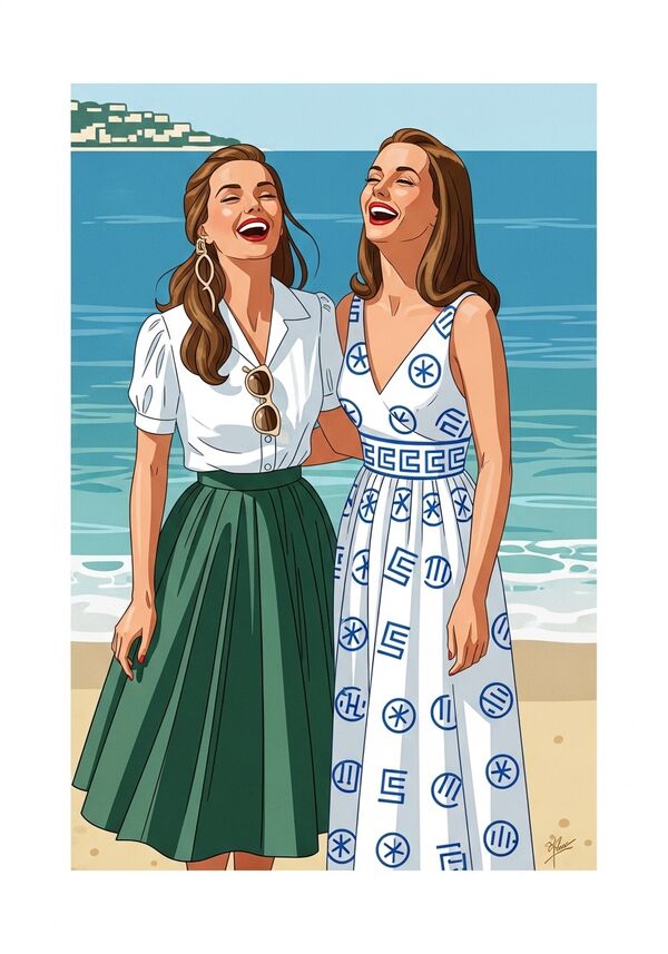 Zwei Frauen, eine trägt eine weisse kur0zarm Bluse und einen dunkelgrünen, luftigen Rock, Sie hat lange Haselnussbraune Haare die Sie halb hochgebunden hat, eine Beige Sonnenbrille hat sie in die Haare gesteckt. Die andere Frau hat lange, gerade  mittelbraune Haare, trägt ein weisses Kleid bodenlanges Kleid mit blauen griechischen Zeichen. Im Hintergrund ist der Strand von Nizza und das Meer zu sehen. 
Sie stehen neben einander, perspektive etwas von oben und lachen tränen vor Freude