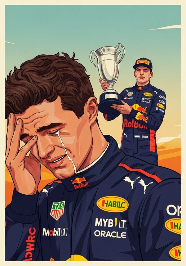 lando norris am heulen wel er die tropäe nicht gewonnen hat und im hintergrund max verstappen der die trophäe in der hand hält nur die 2 personnen sonst niemand
