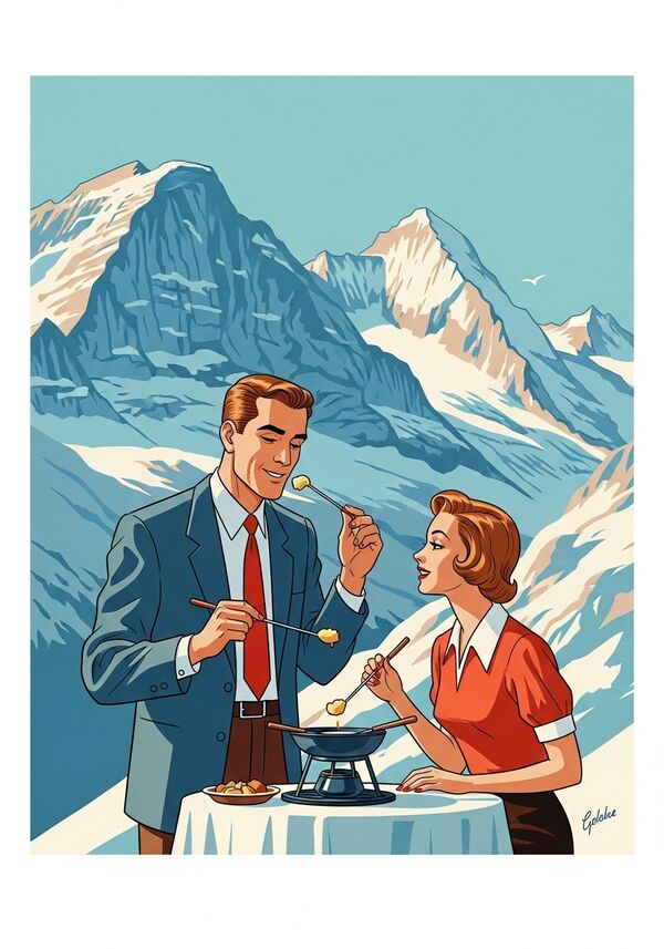 Ein Ehepaar, Grosser Mann mit kurzen haaren und Frau mit kurzen haaren in den bergen am Fondue essen. im Hintergrund ist Eiger Mönch und Jungfrau zu sehen
