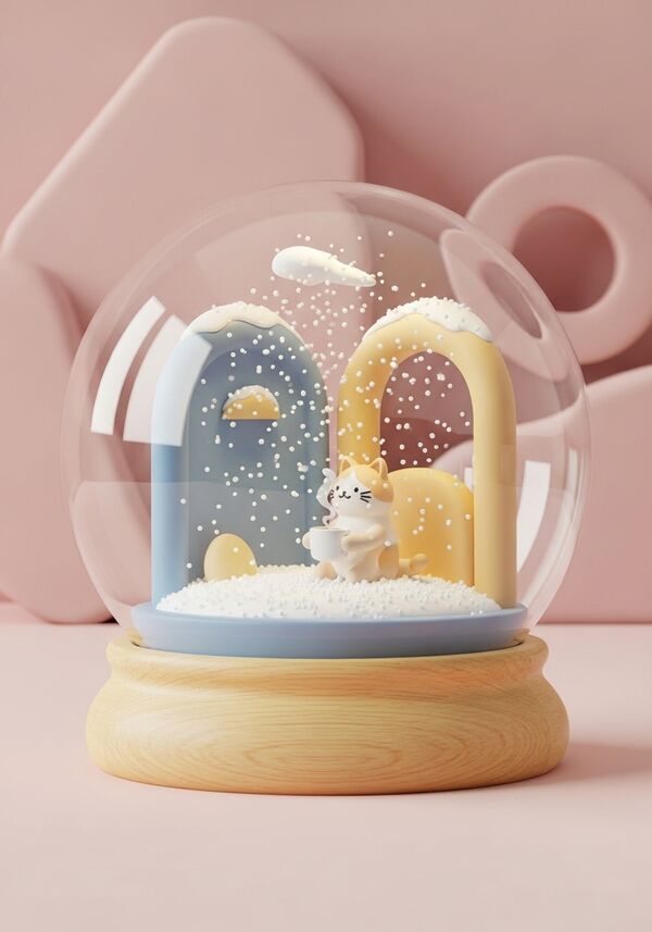 Katze zufrieden mit einer Tasse Tee und im Schneegestöber