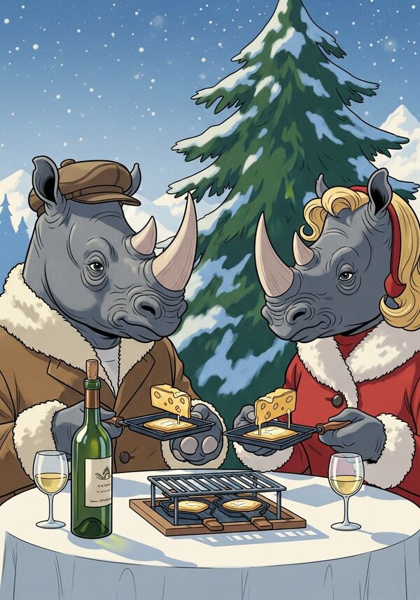 2 Antromorphe Nashörner (ein Mann mit einer Kappe und eine Frau mit blonden Haaren) sitzen in Winterkleidung  an einem Tisch in einer Winterlandschaft. Sie halten je ein kleines Raclettepfännchen mit einer Scheibe Raclettekäse in der Hand. Auf dem Tisch steht ein Raclettegrill, eine Flasche Weisswein und zwei gefüllte Weingläser. Im Hintergrund ist ein grosser Weihnachtsbaum. Epischer Comicstil.
