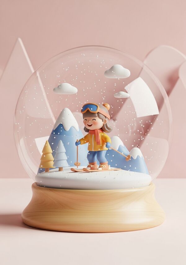 Ein kleines Mädchen (6 Jahre, mittellange dunkelblonde Haare) am Skifahren in den Bergen. Sie strahlt über beide Ohren.