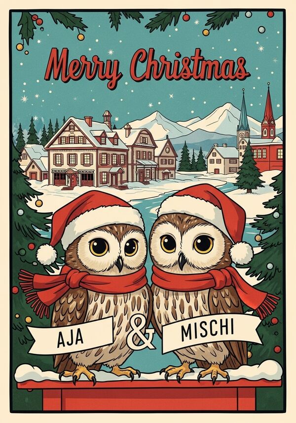 mach zwei süsse eulen, es soll möglichst weihnachtlich sein >es soll aja und mischi stehen