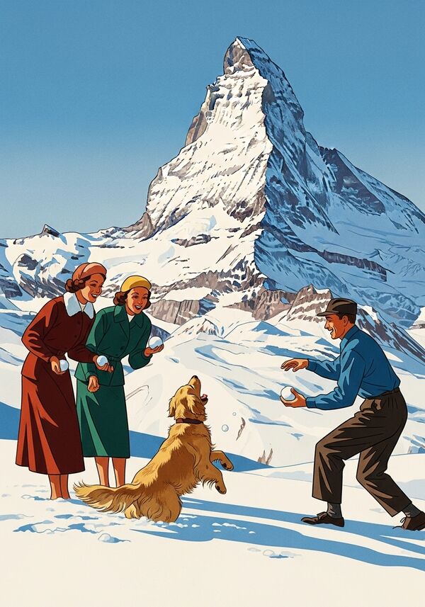 Ein Golden Retriever im Schnee  spielend vor dem Matterhorn. zwei Frauen und ein Mann sehen lachend dem Hund zu und werfen Schneebälle