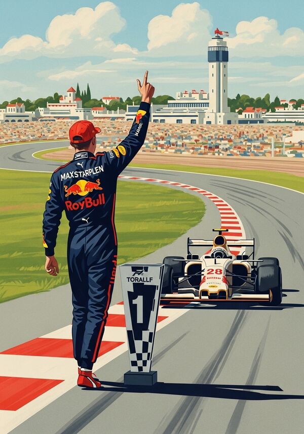 Max Verstappen im auto am gewinnen nur ehr sonst keine personen
