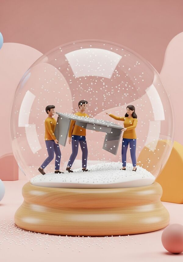 2 Männer tragen einen grauen Bürotisch. Eine Brünette zeigt ihnen, wo sie hingehen müssen. Alle sind gut gelaunt. 