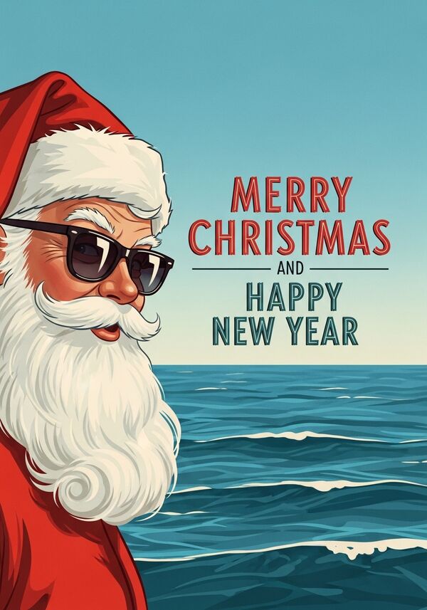 lustiger weihnachtsmann mit sonnenbrille schaut von der Seite her ins Bild herein. Dazu steht "Merry Christmas and happy New Year"