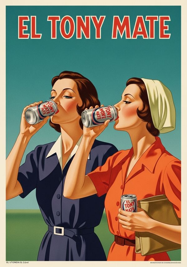 ein el tony mate werbeplakat mit zwei mädchen drauf, die el tony mate aus einer aludose trinken