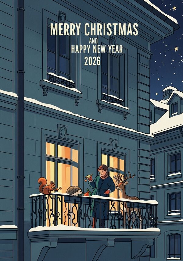 Frohe Weihnachten und einen guten Rutsch ins 2026 Bern Länggass Quartier altes Gebäude verschnörkelt, verschneit Kleiner Balkon Hochparterre Eichhörnchen Igel und Reh füttern Sterne am Nachthimmel